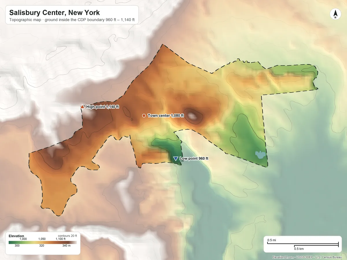 Topographic elevation map of Salisbury Center, New York, shaded from 960 ft on the southeast side to 1,140 ft on the west edge, below higher ground just outside