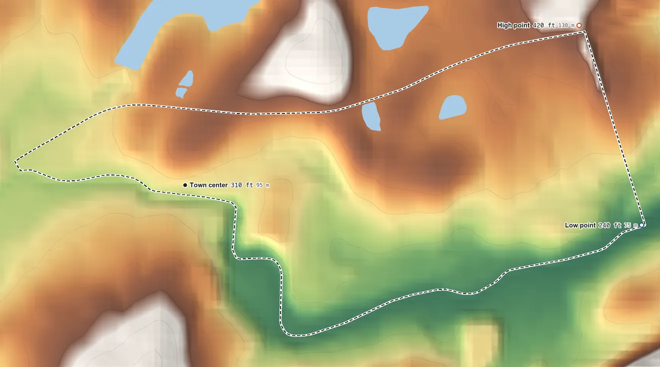 Topographic elevation map of Salisbury Mills, New York, shaded from 240 ft on the east side to 420 ft on the east edge, below higher ground just outside