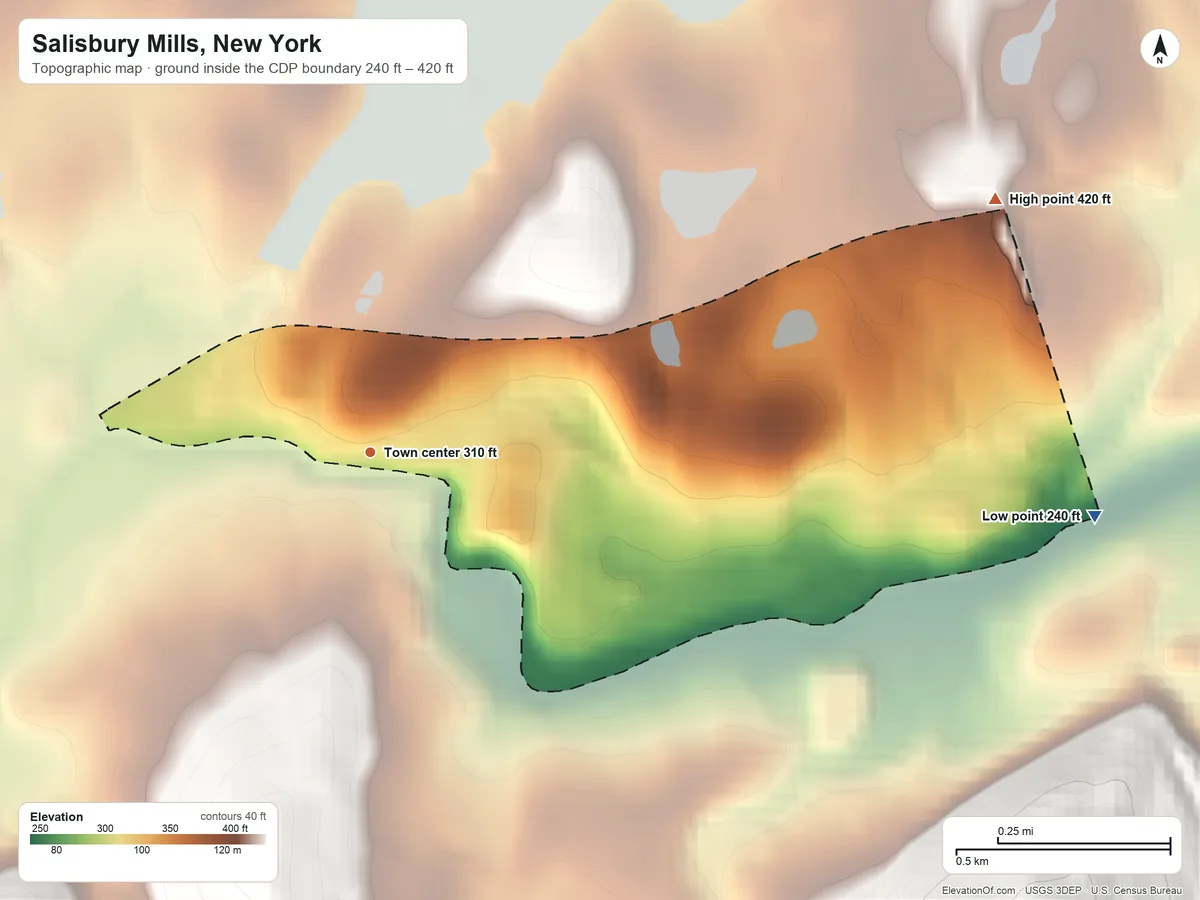 Topographic elevation map of Salisbury Mills, New York, shaded from 240 ft on the east side to 420 ft on the east edge, below higher ground just outside