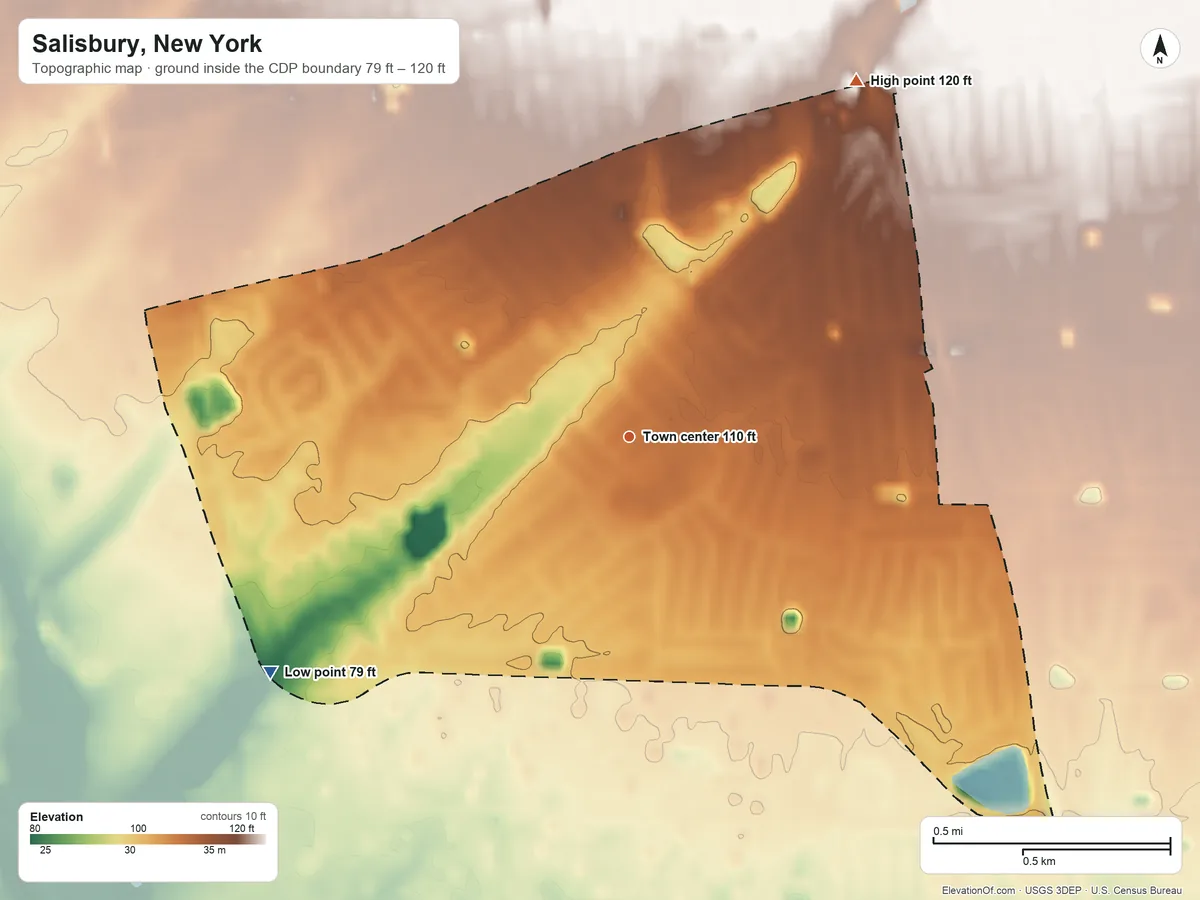 Topographic elevation map of Salisbury, New York, shaded from 79 ft on the southwest side to 120 ft on the northeast side