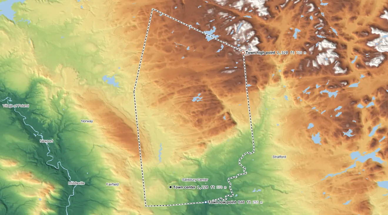 Topographic elevation map of Town of Salisbury, New York, shaded from 840 ft on the southeast side to 2,320 ft on the northeast side