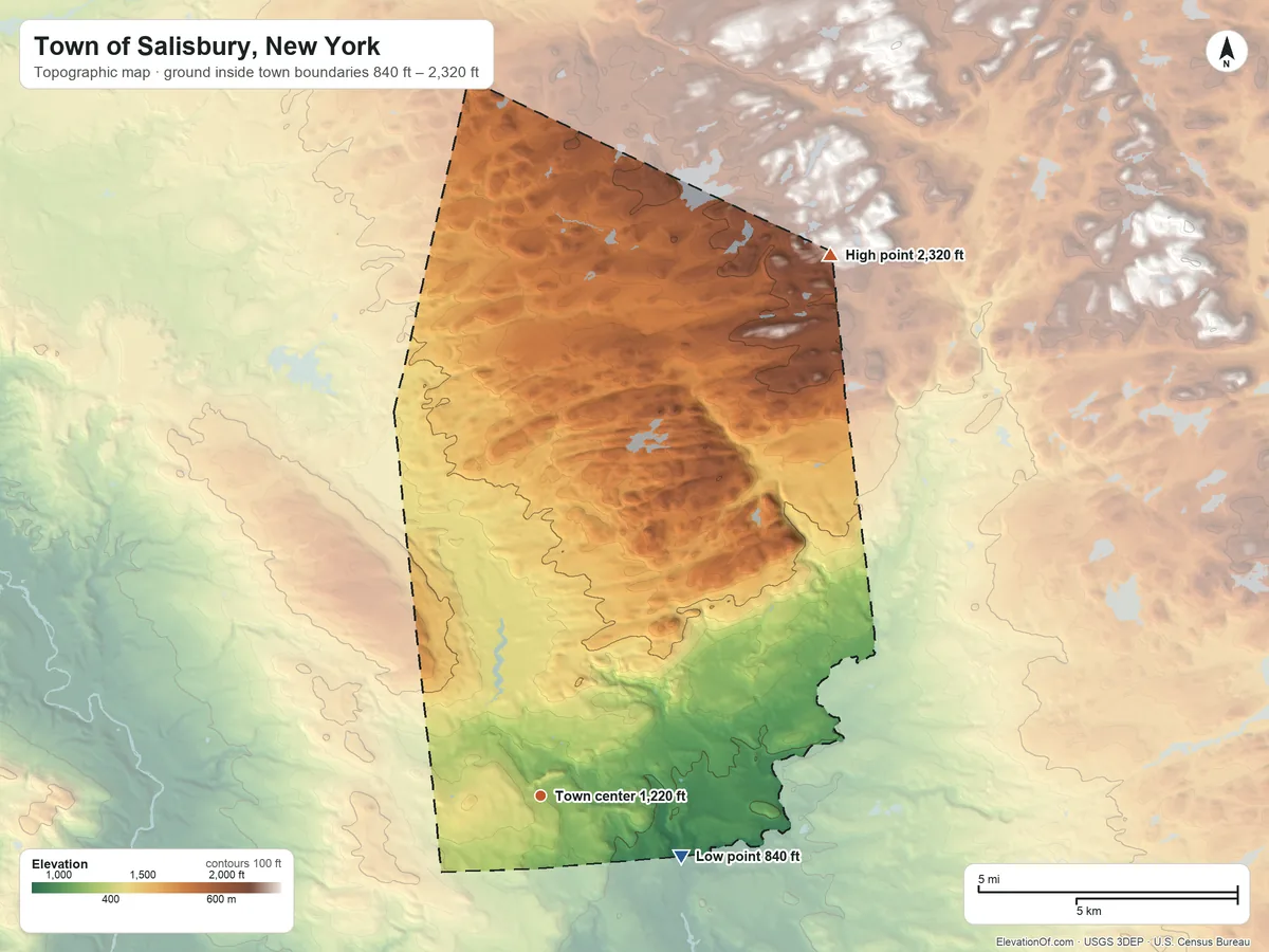 Topographic elevation map of Town of Salisbury, New York, shaded from 840 ft on the southeast side to 2,320 ft on the northeast side