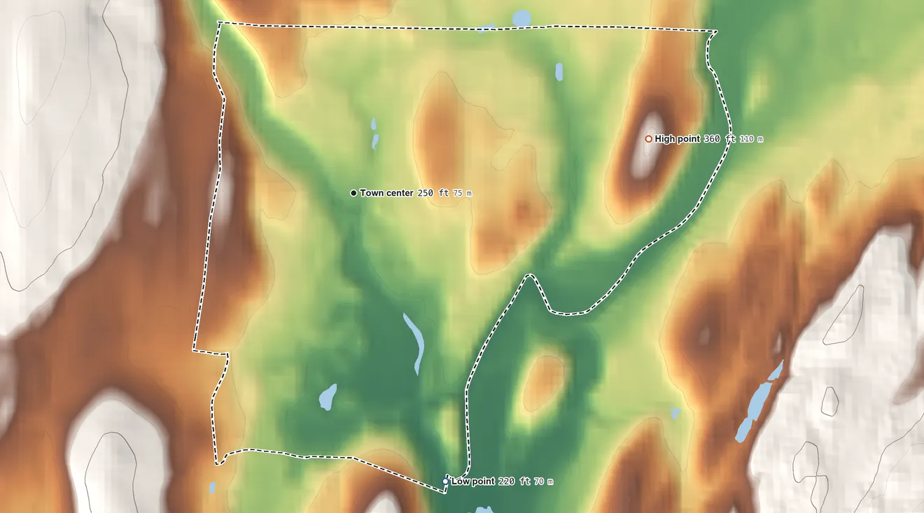 Topographic elevation map of Salt Point, New York, shaded from 220 ft on the south side to 360 ft on the east side