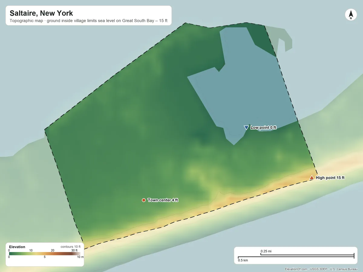 Topographic elevation map of Saltaire, New York, shaded from sea level level on Great South Bay to 15 ft on the east side