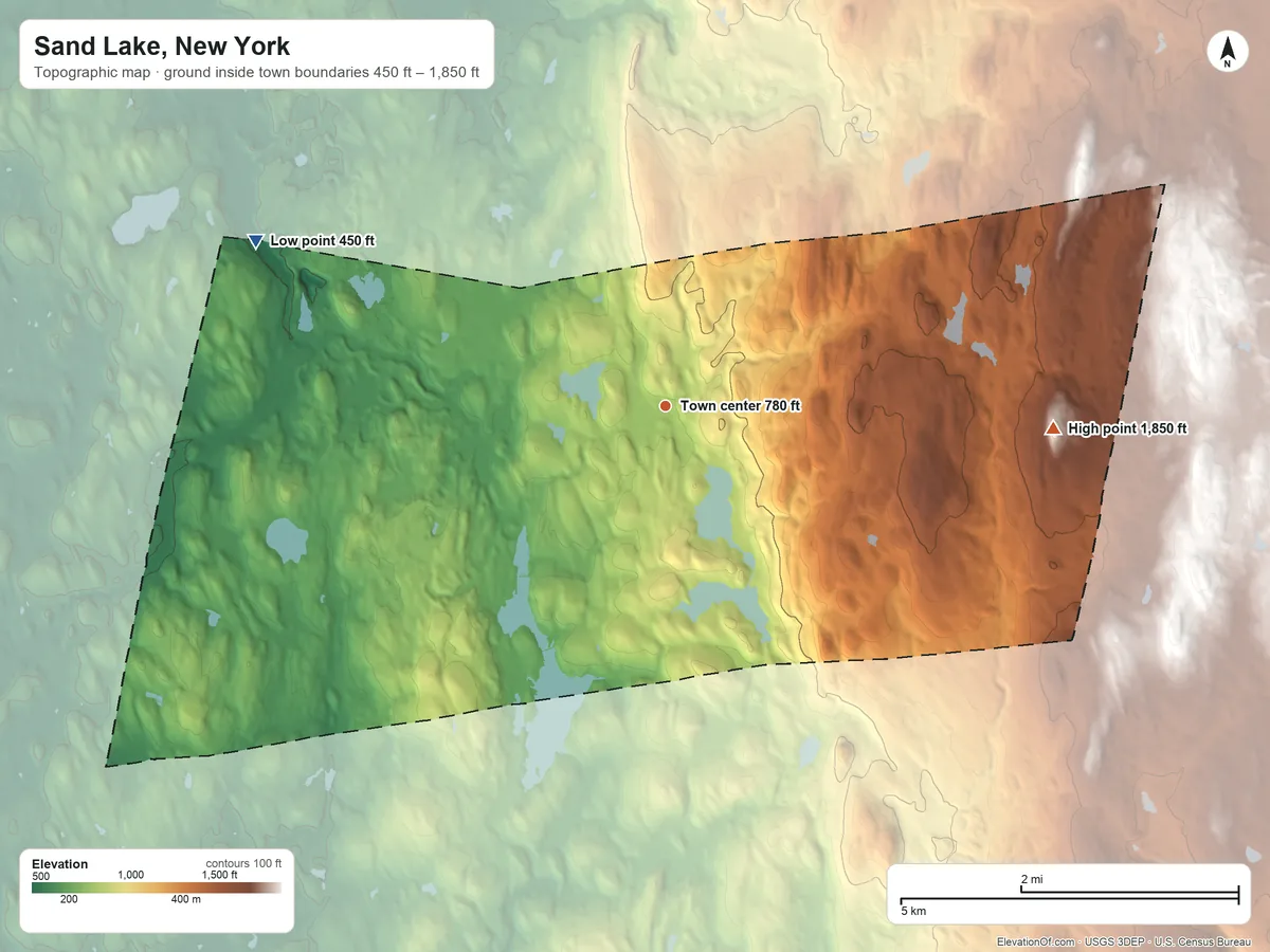 Topographic elevation map of Sand Lake, New York, shaded from 450 ft on the west side to 1,850 ft on The Gipfel
