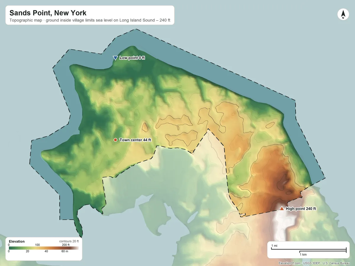 Topographic elevation map of Sands Point, New York, shaded from sea level level on Long Island Sound to 240 ft on the east side