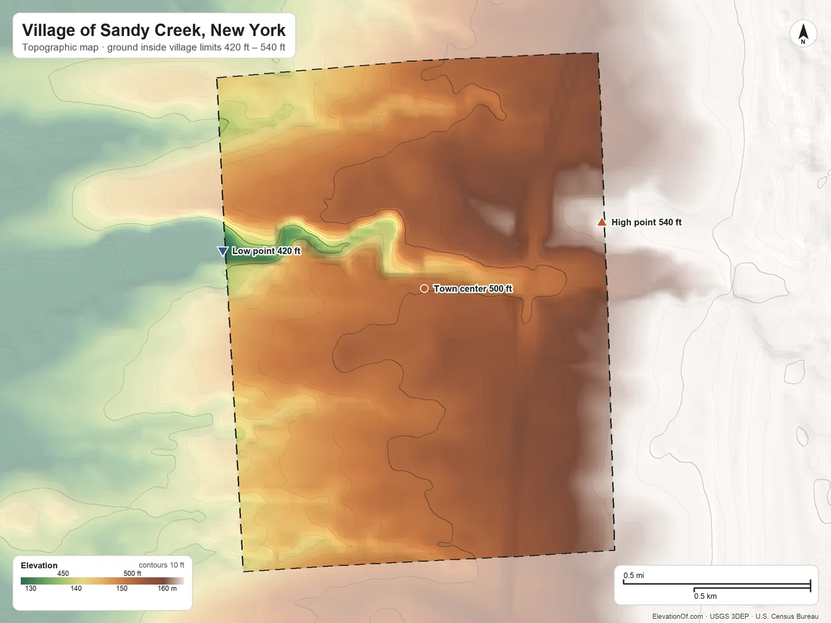 Topographic elevation map of Village of Sandy Creek, New York, shaded from 420 ft on the west side to 540 ft on the east side