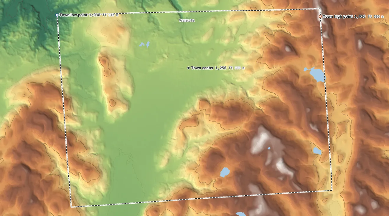 Topographic elevation map of Sangerfield, New York, shaded from 1,030 ft on the west side to 1,930 ft on the east side