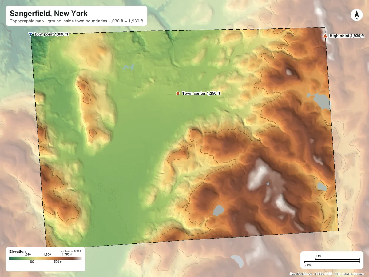 Topographic elevation map of Sangerfield, New York, shaded from 1,030 ft on the west side to 1,930 ft on the east side