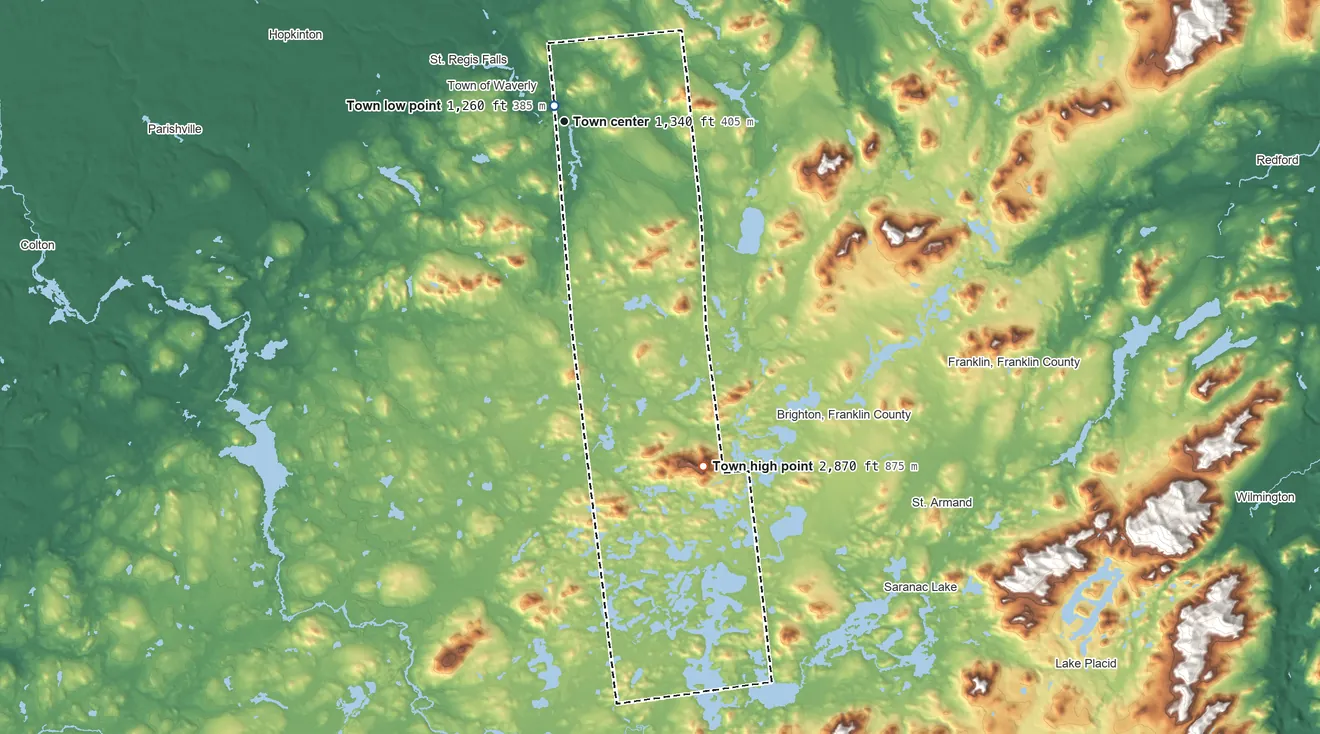 Topographic elevation map of Santa Clara, New York, shaded from 1,260 ft near the middle to 2,870 ft on Saint Regis Mountain