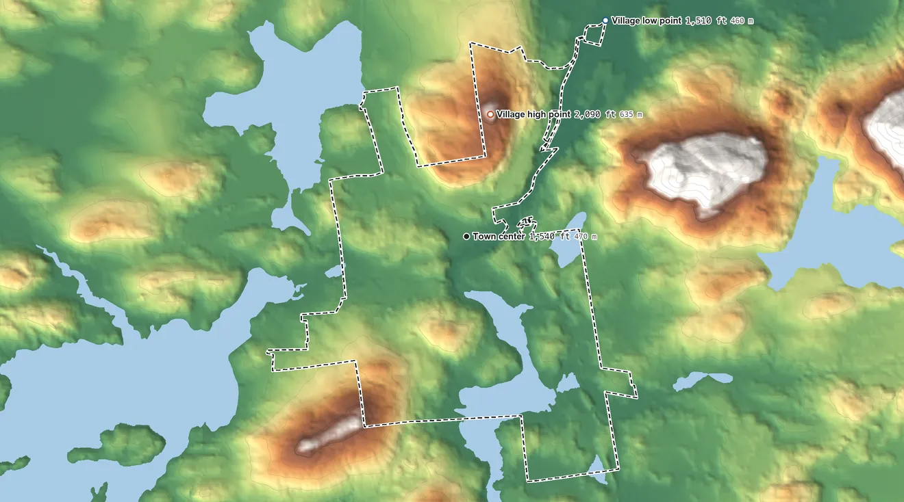 Topographic elevation map of Saranac Lake, New York, shaded from 1,510 ft on the northeast side to 2,090 ft on Mount Pisgah