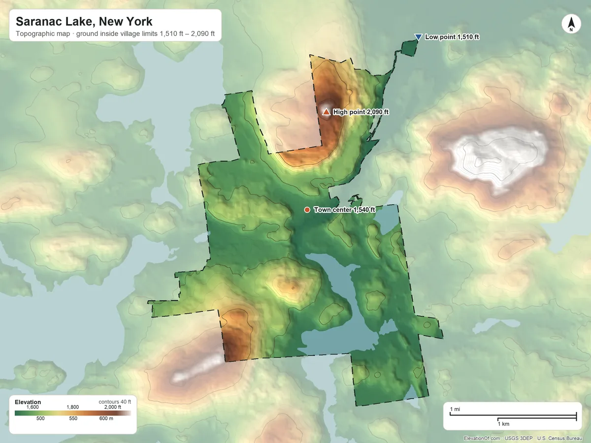 Topographic elevation map of Saranac Lake, New York, shaded from 1,510 ft on the northeast side to 2,090 ft on Mount Pisgah