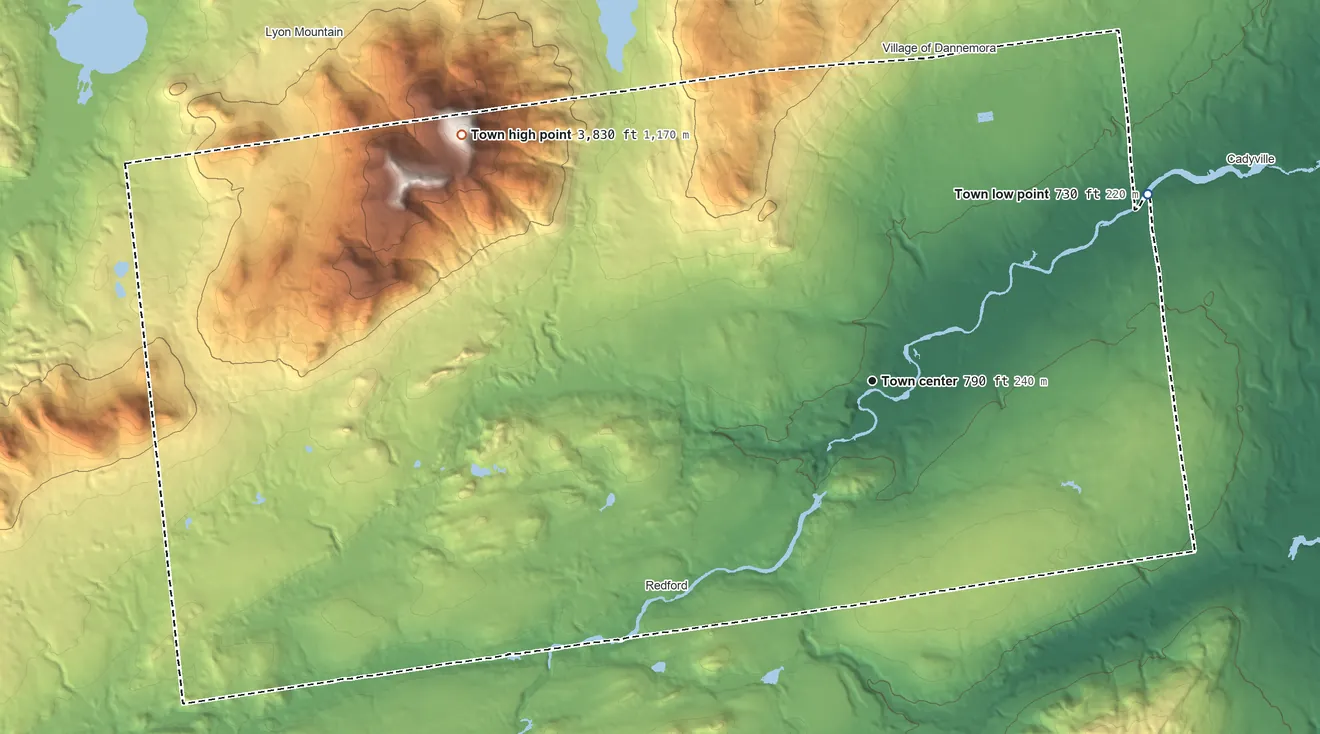 Topographic elevation map of Saranac, New York, shaded from 730 ft on the northeast side to 3,830 ft on Lyon Mountain