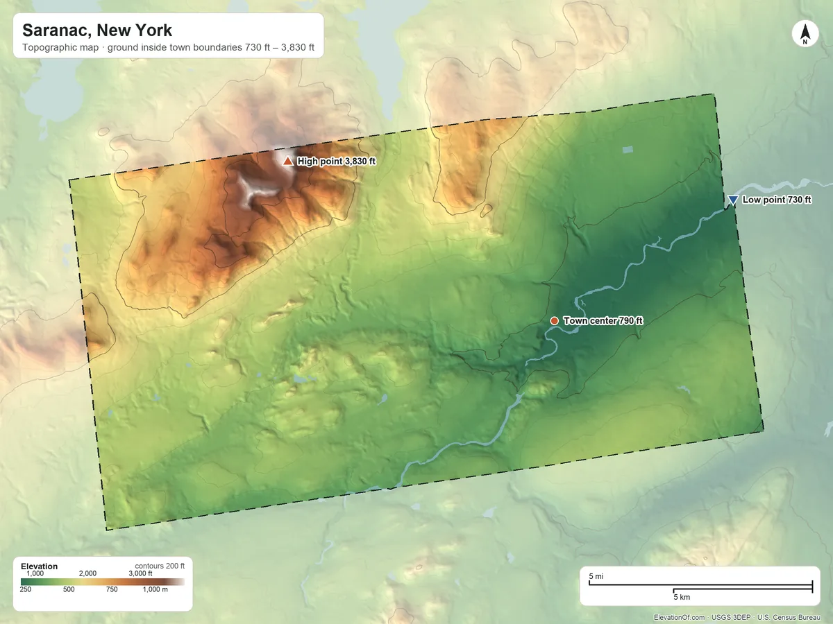 Topographic elevation map of Saranac, New York, shaded from 730 ft on the northeast side to 3,830 ft on Lyon Mountain