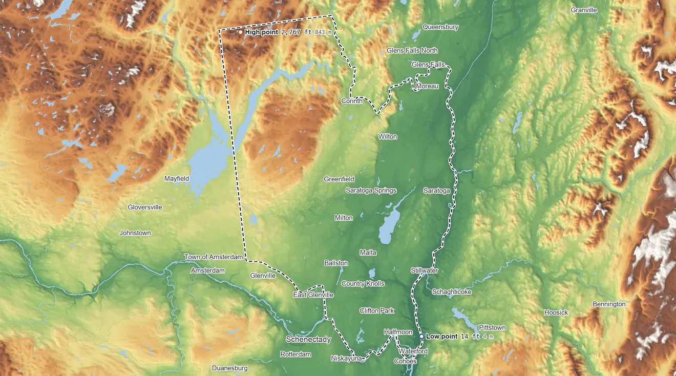 Topographic elevation map of Saratoga County, New York, shaded from 14 ft on the southeast side to 2,767 ft on Tenant Mountain