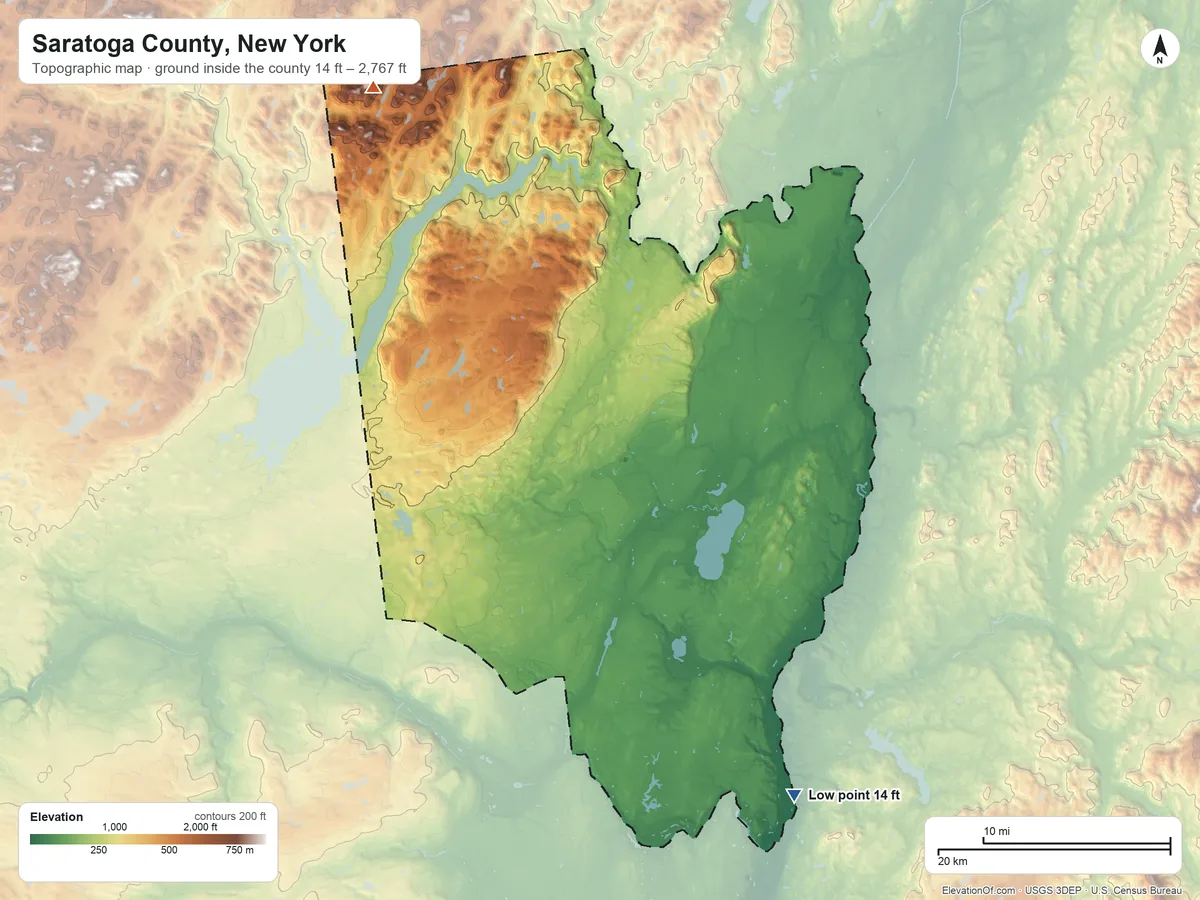 Topographic elevation map of Saratoga County, New York, shaded from 14 ft on the southeast side to 2,767 ft on Tenant Mountain