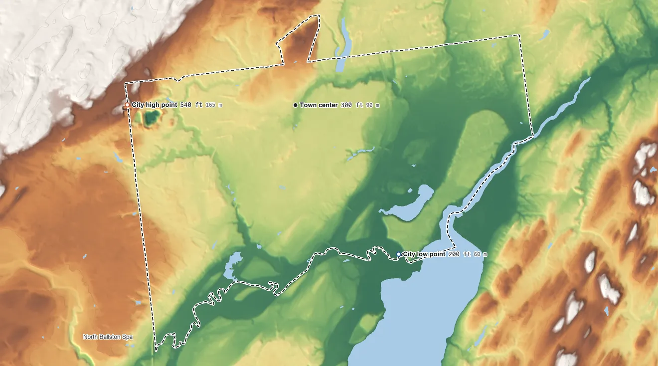 Topographic elevation map of Saratoga Springs, New York, shaded from 200 ft on the southeast side to 540 ft on the west side