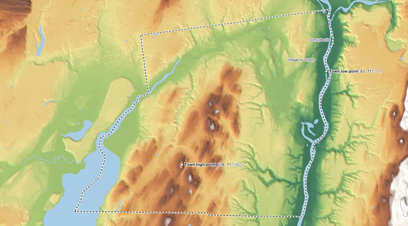 Topographic elevation map of Saratoga, New York, shaded from 83 ft on the east side to 620 ft on the southwest side