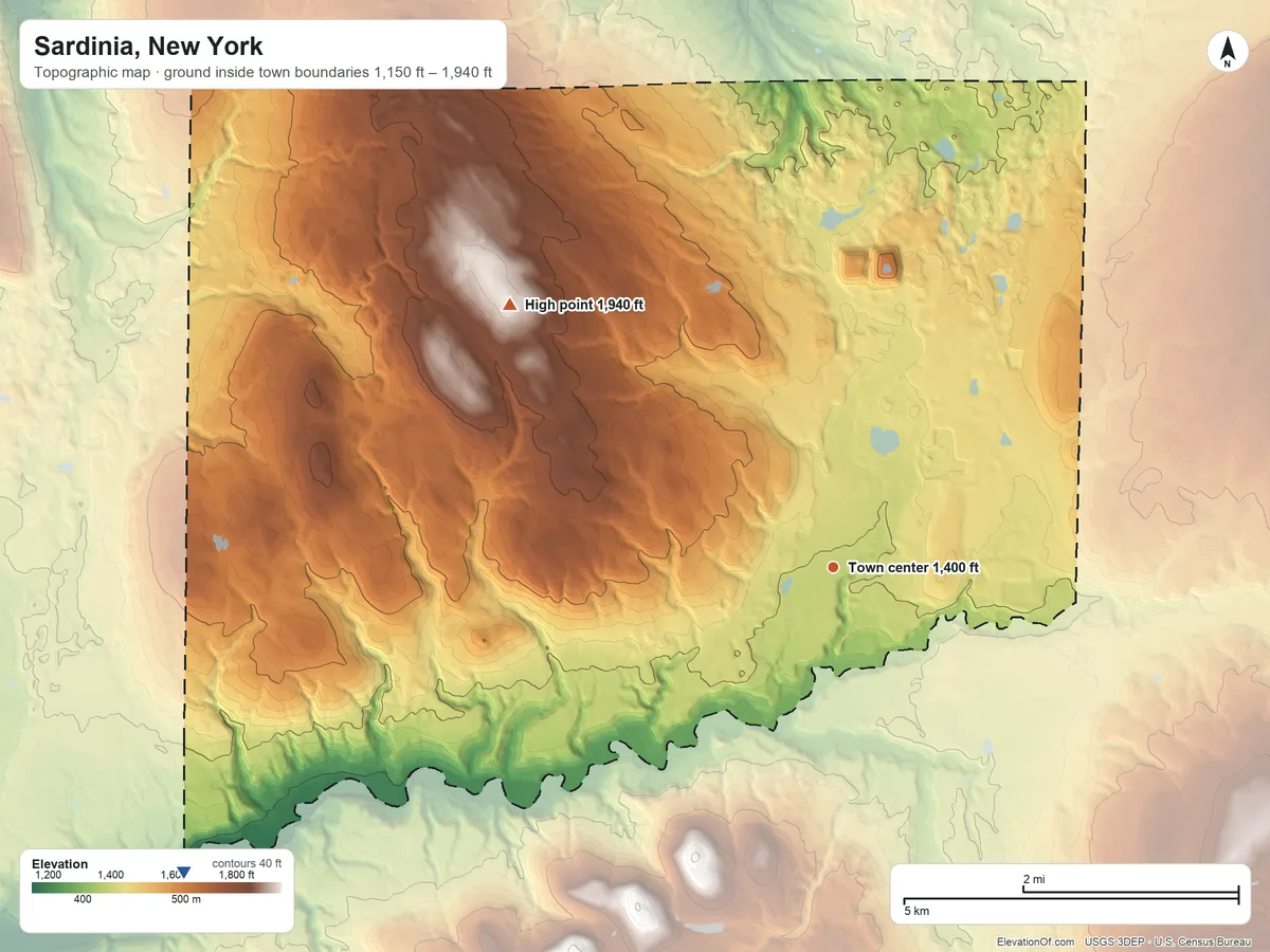 Topographic elevation map of Sardinia, New York, shaded from 1,150 ft on the southwest side to 1,940 ft on the northwest side