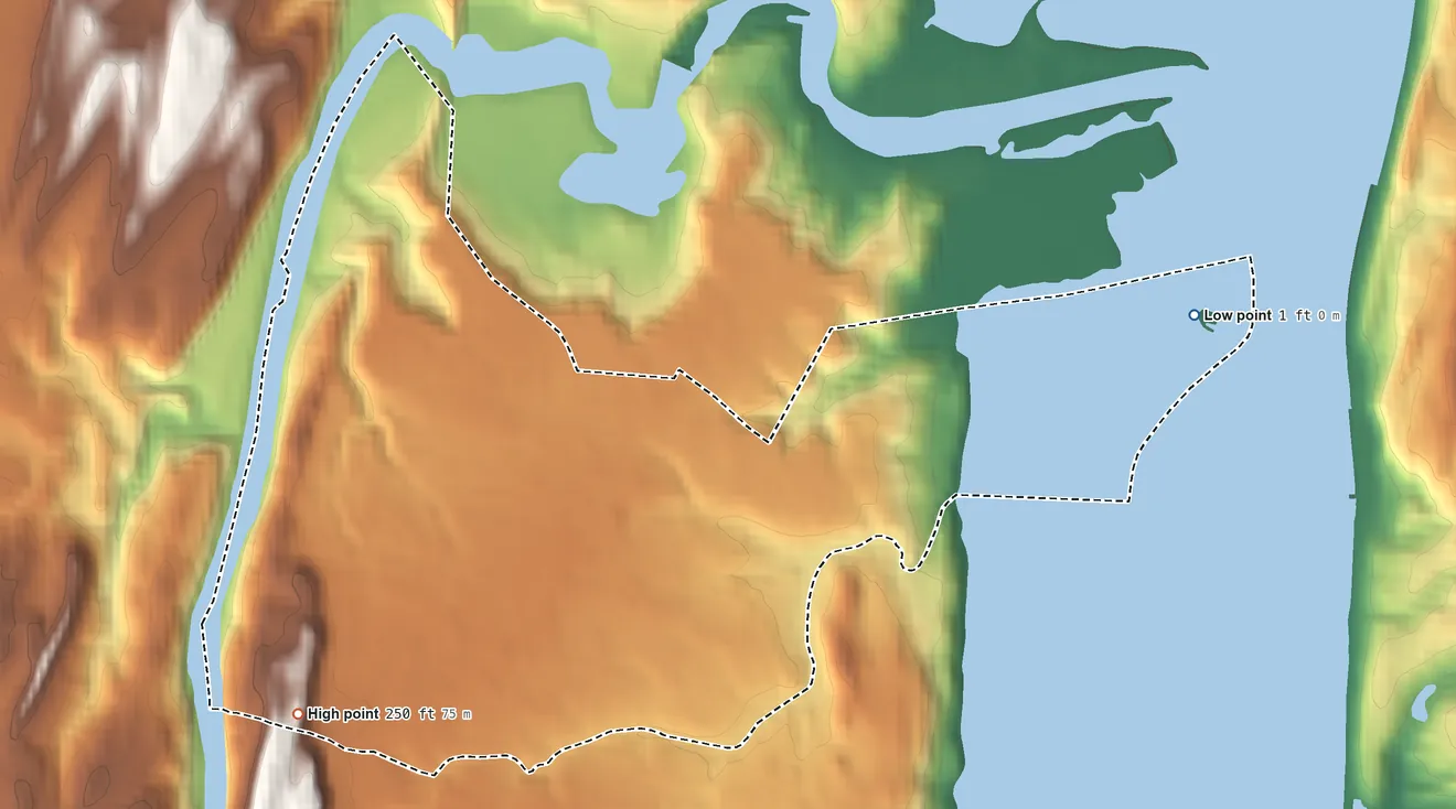 Topographic elevation map of Saugerties South, New York, shaded from 1 ft on the east side to 250 ft on the southwest edge, below higher ground just outside