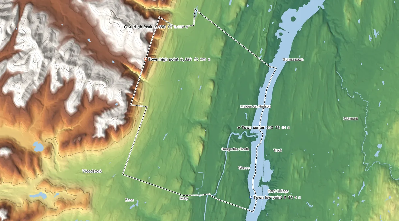 Topographic elevation map of Saugerties, New York, shaded from sea level level on South Bay to 2,320 ft at the foot of the Blackhead Mountains