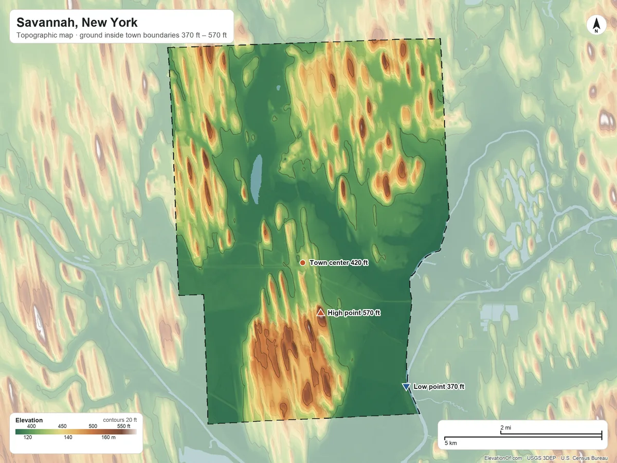 Topographic elevation map of Savannah, New York, shaded from 370 ft on the southeast side to 570 ft on the south side