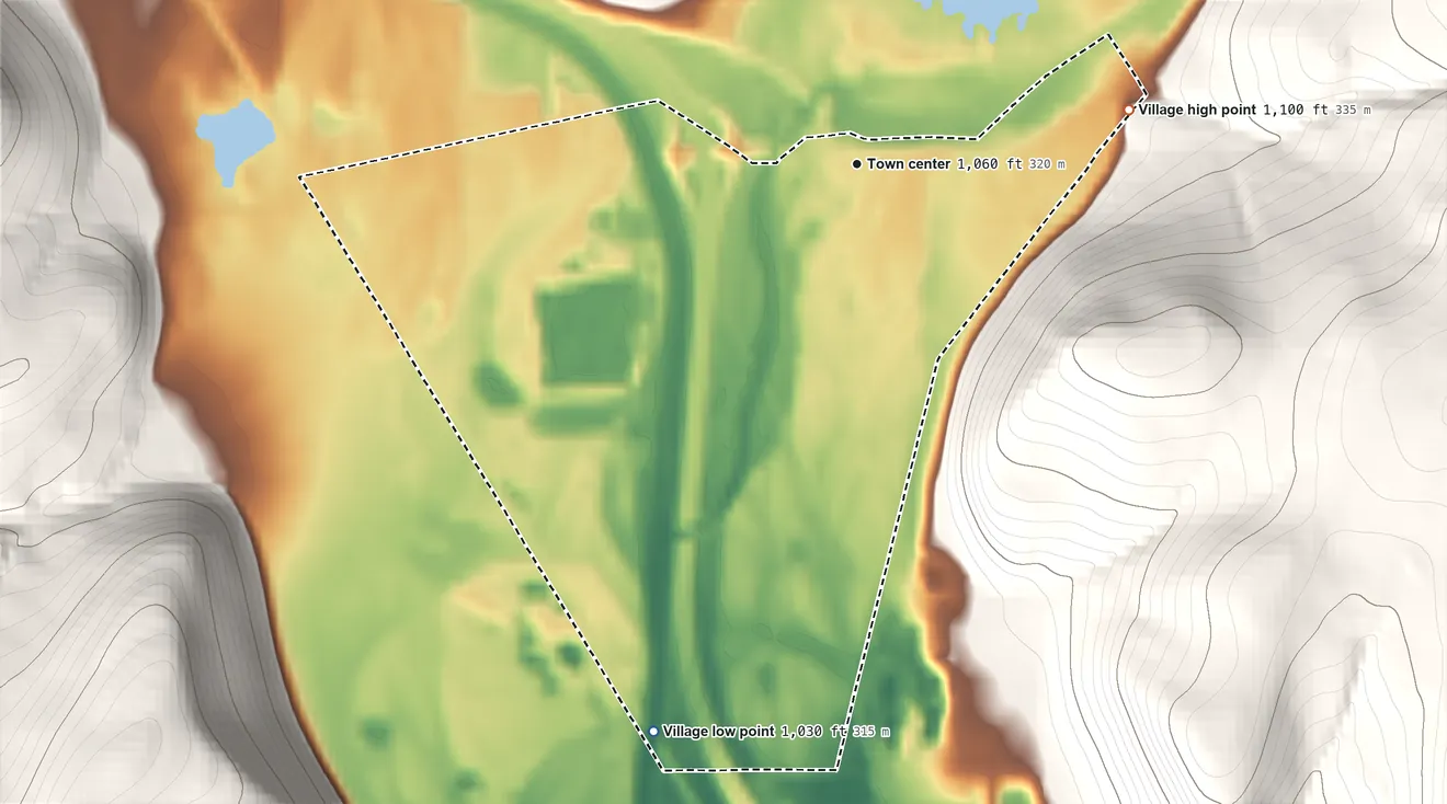 Topographic elevation map of Savona, New York, shaded from 1,030 ft on the south side to 1,100 ft on the east edge, below higher ground just outside