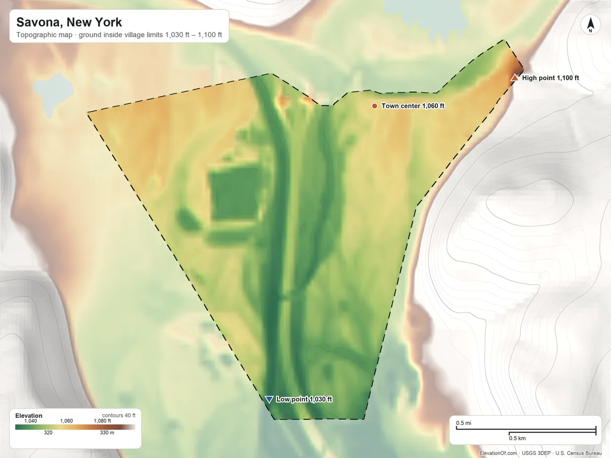 Topographic elevation map of Savona, New York, shaded from 1,030 ft on the south side to 1,100 ft on the east edge, below higher ground just outside