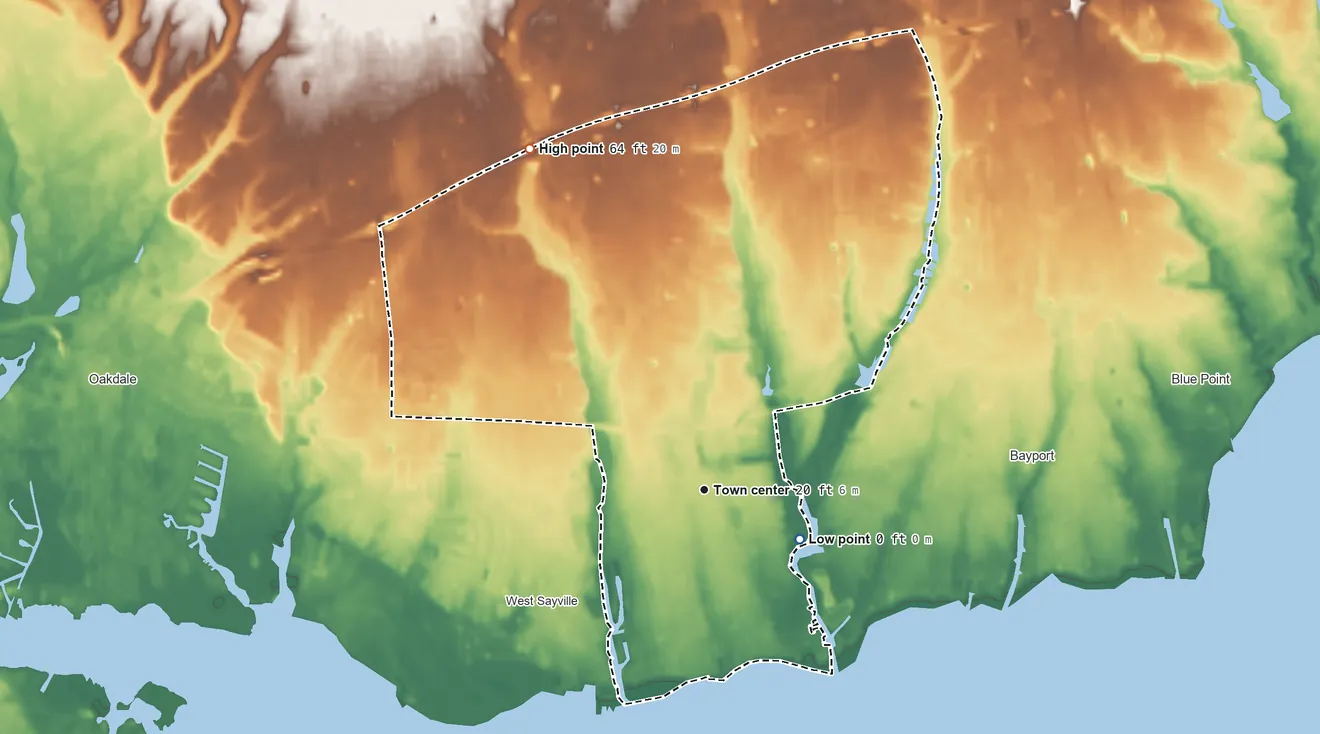Topographic elevation map of Sayville, New York, shaded from sea level level on Great South Bay to 64 ft on the northwest side