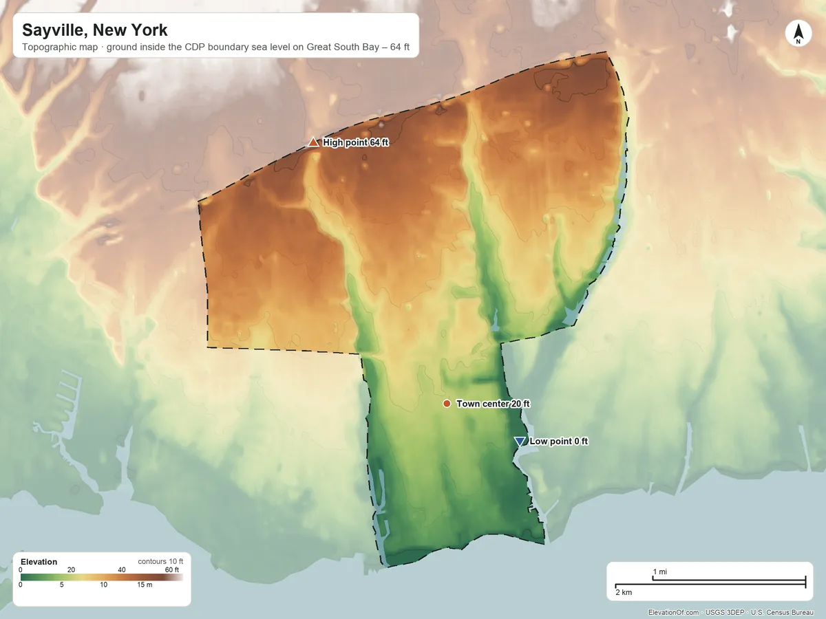 Topographic elevation map of Sayville, New York, shaded from sea level level on Great South Bay to 64 ft on the northwest side