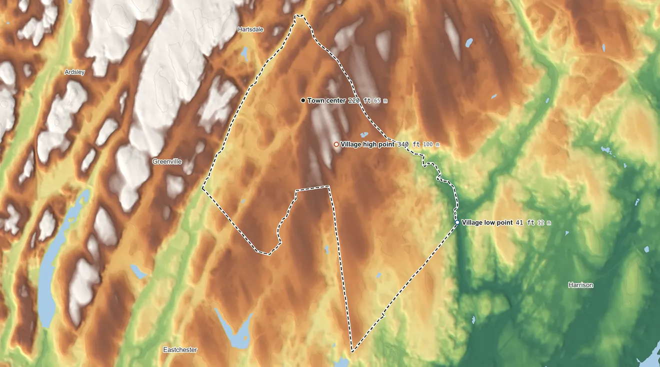 Topographic elevation map of Scarsdale, New York, shaded from 41 ft on the southeast side to 340 ft on the southeast side