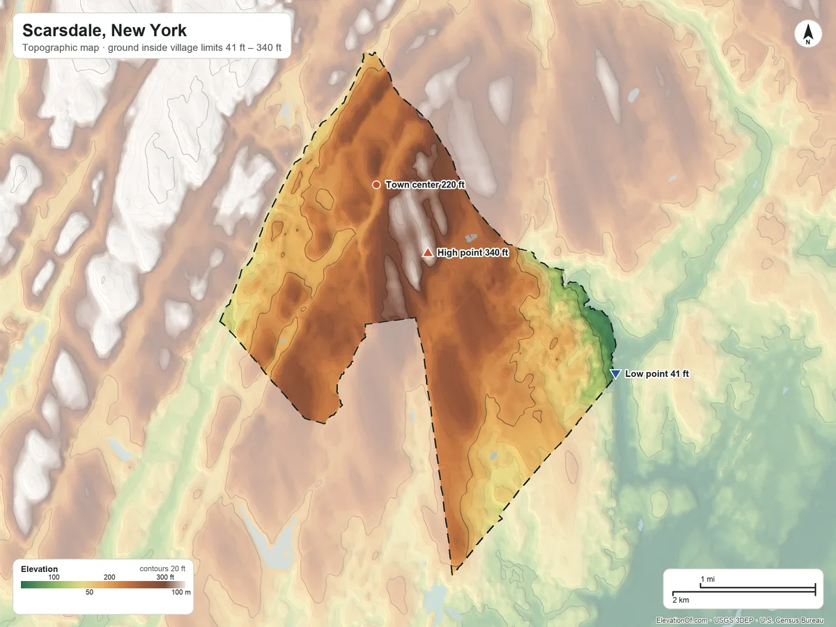 Topographic elevation map of Scarsdale, New York, shaded from 41 ft on the southeast side to 340 ft on the southeast side