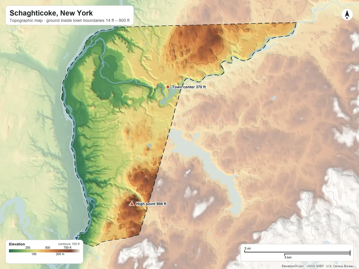 Topographic elevation map of Schaghticoke, New York, shaded from 14 ft on the southwest side to 900 ft on Rice Mountain