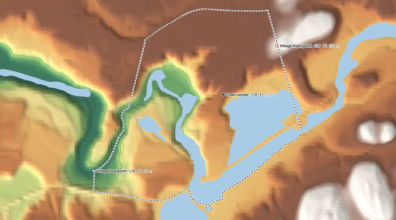 Topographic elevation map of Village of Schaghticoke, New York, shaded from 130 ft on the southwest side to 430 ft on the northeast side