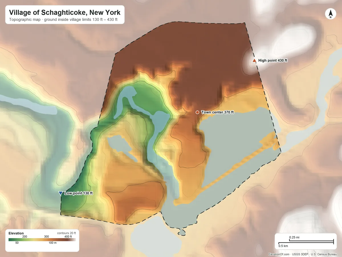 Topographic elevation map of Village of Schaghticoke, New York, shaded from 130 ft on the southwest side to 430 ft on the northeast side