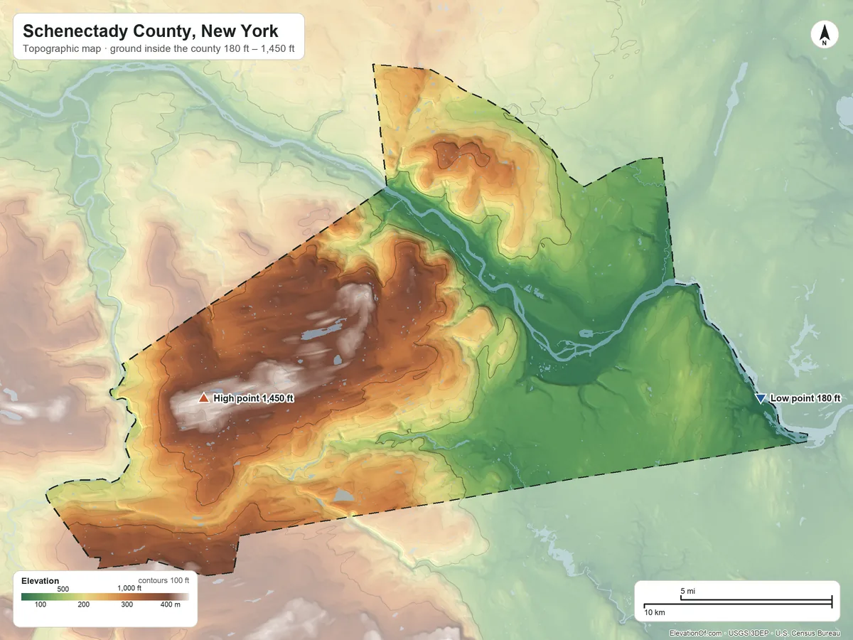 Topographic elevation map of Schenectady County, New York, shaded from 180 ft on the east side to 1,450 ft on the west side