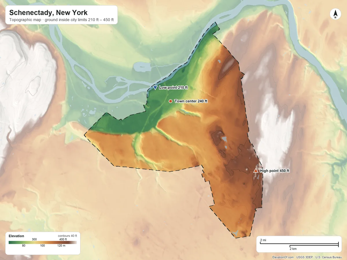 Topographic elevation map of Schenectady, New York, shaded from 210 ft near the middle to 450 ft on the southeast side