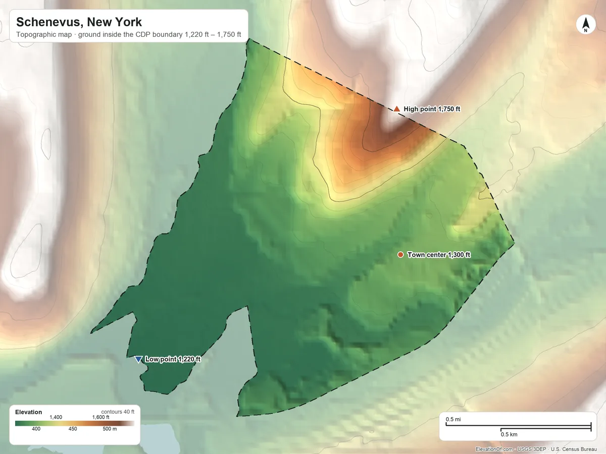 Topographic elevation map of Schenevus, New York, shaded from 1,220 ft on the west side to 1,750 ft on the north edge, below higher ground just outside