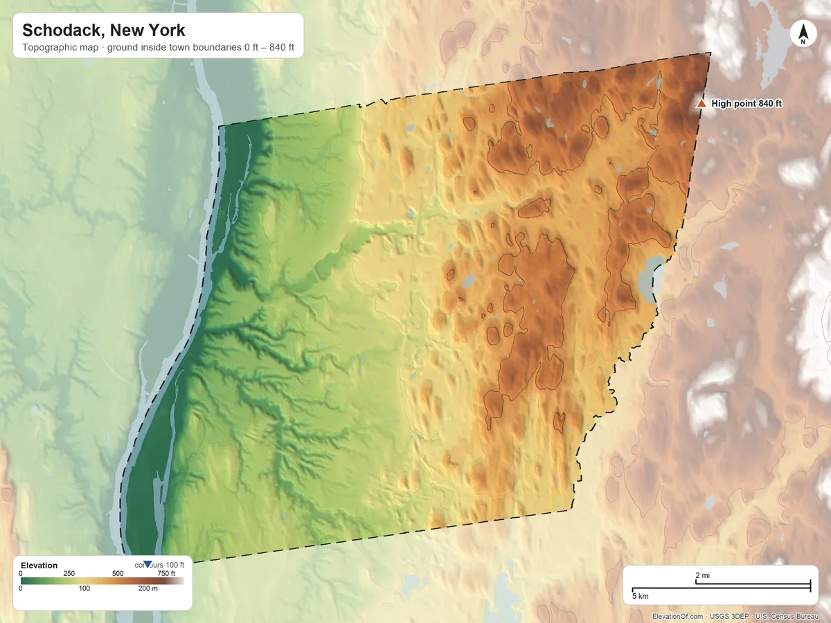Topographic elevation map of Schodack, New York, shaded from 0 ft on the southwest side to 840 ft on the northeast side