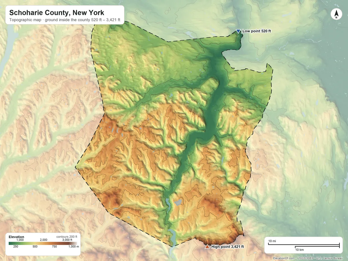Topographic elevation map of Schoharie County, New York, shaded from 520 ft on the northeast side to 3,421 ft on Huntersfield Mountain