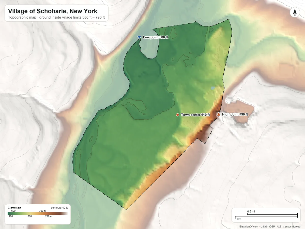 Topographic elevation map of Village of Schoharie, New York, shaded from 580 ft on the northwest side to 790 ft on the east edge, below higher ground just outside