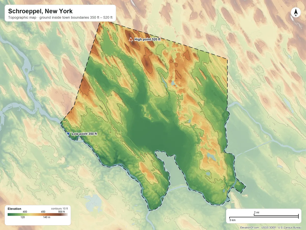 Topographic elevation map of Schroeppel, New York, shaded from 350 ft on the west side to 520 ft on the north side