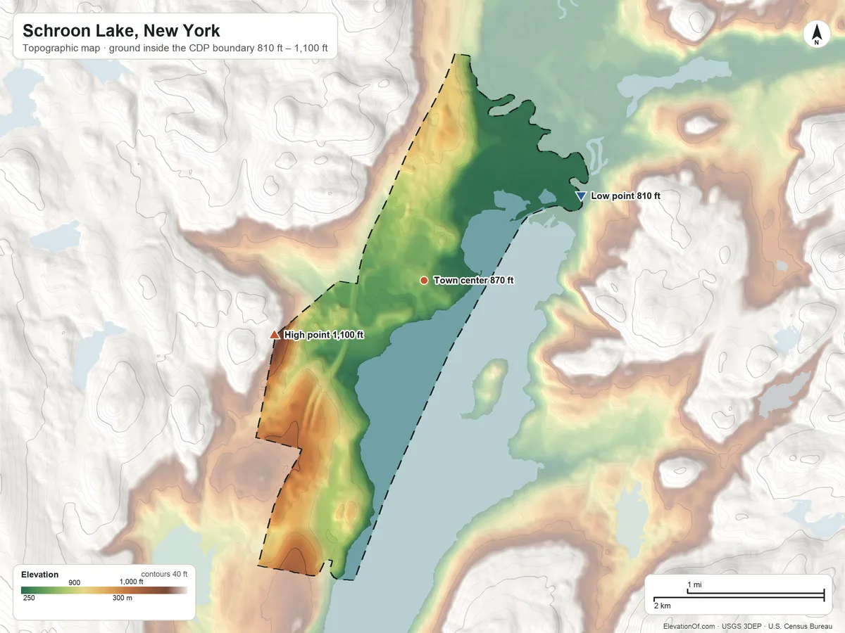 Topographic elevation map of Schroon Lake, New York, shaded from 810 ft on the northeast side to 1,100 ft on the west edge, below higher ground just outside