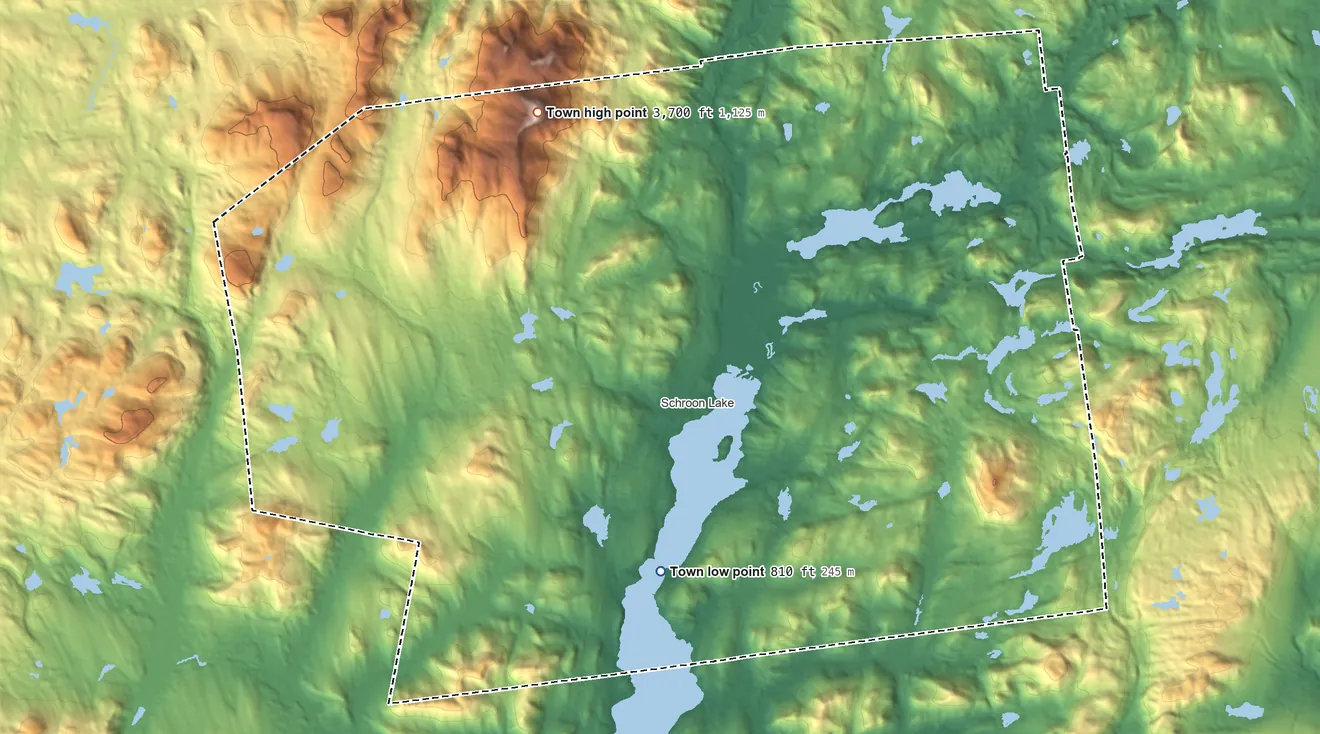 Topographic elevation map of Schroon, New York, shaded from 810 ft on the south side to 3,700 ft on Hoffman Mountain