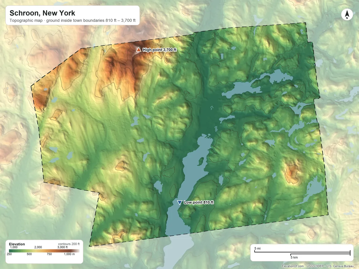 Topographic elevation map of Schroon, New York, shaded from 810 ft on the south side to 3,700 ft on Hoffman Mountain