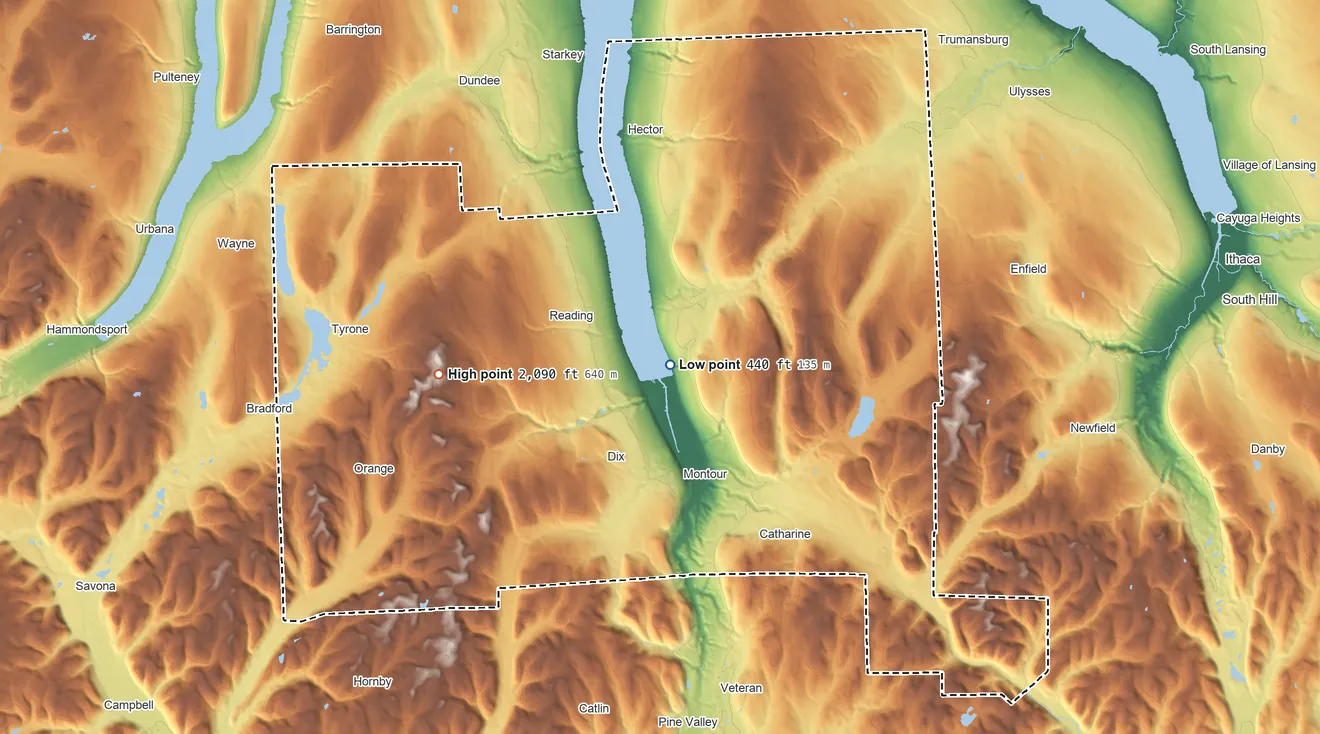 Topographic elevation map of Schuyler County, New York, shaded from 440 ft near the middle to 2,090 ft on the west side