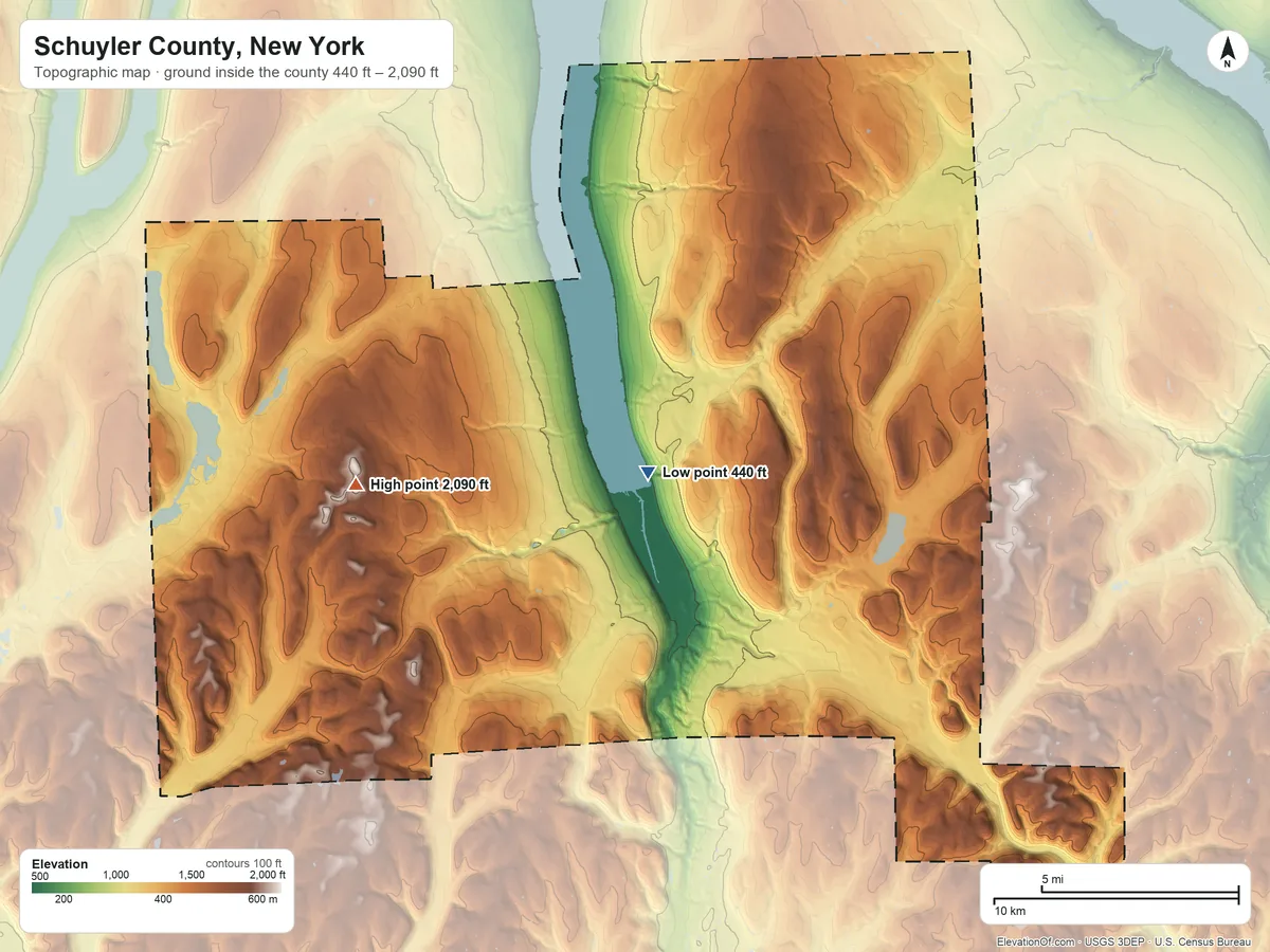 Topographic elevation map of Schuyler County, New York, shaded from 440 ft near the middle to 2,090 ft on the west side