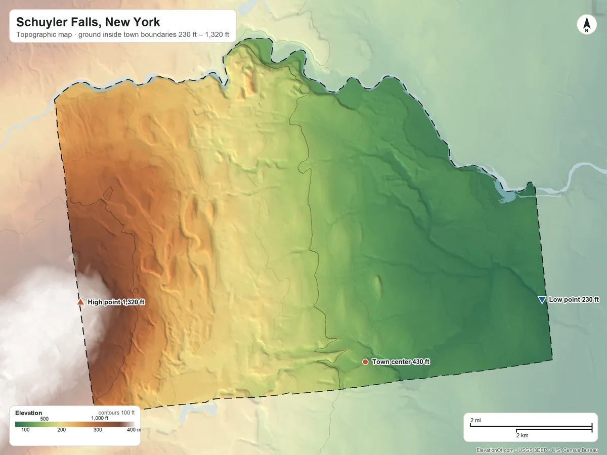 Topographic elevation map of Schuyler Falls, New York, shaded from 230 ft on the east side to 1,320 ft on the west side