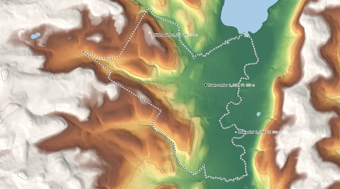 Topographic elevation map of Schuyler Lake, New York, shaded from 1,280 ft on the southeast side to 1,750 ft on the northwest side