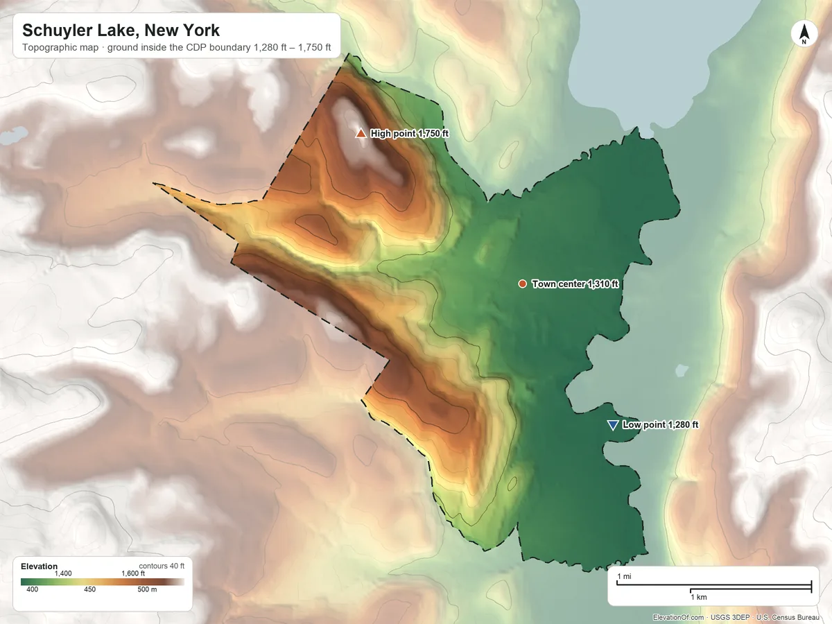 Topographic elevation map of Schuyler Lake, New York, shaded from 1,280 ft on the southeast side to 1,750 ft on the northwest side